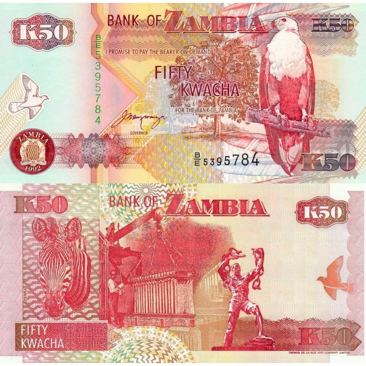 Zambiya 50 Kwacha 1992 P#37b ÇİL UNC kağıt para