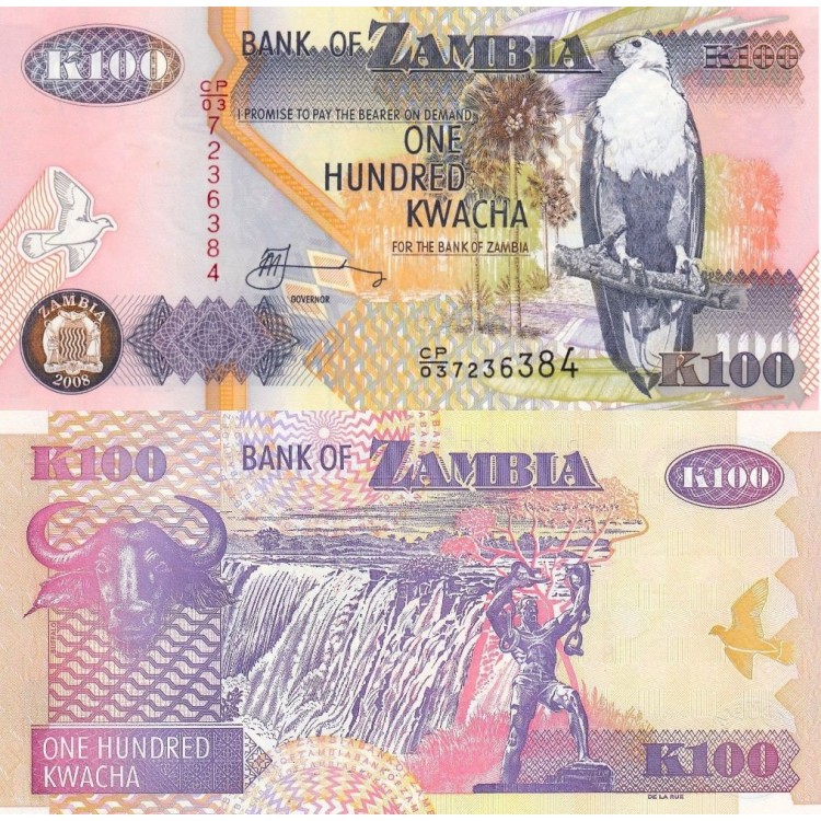 Zambiya 100 Kwacha 2008 P#38g ÇİL UNC kağıt para