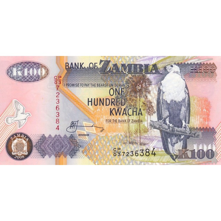 Zambiya 100 Kwacha 2008 P#38g ÇİL UNC kağıt para