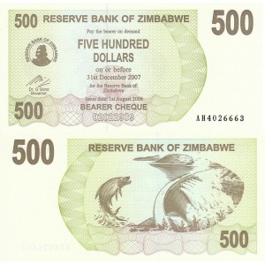 Zimbabwe 500 Dolar 2006 P#43 ÇİL/UNC Kağıt Para
