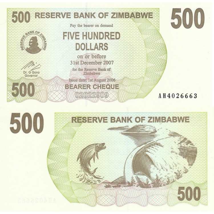 Zimbabve 500 Dollars 2006 P#43 ÇİL/UNC Zimbabve 500 Dollars 2006 P#43 ÇİL UNC kağıt para