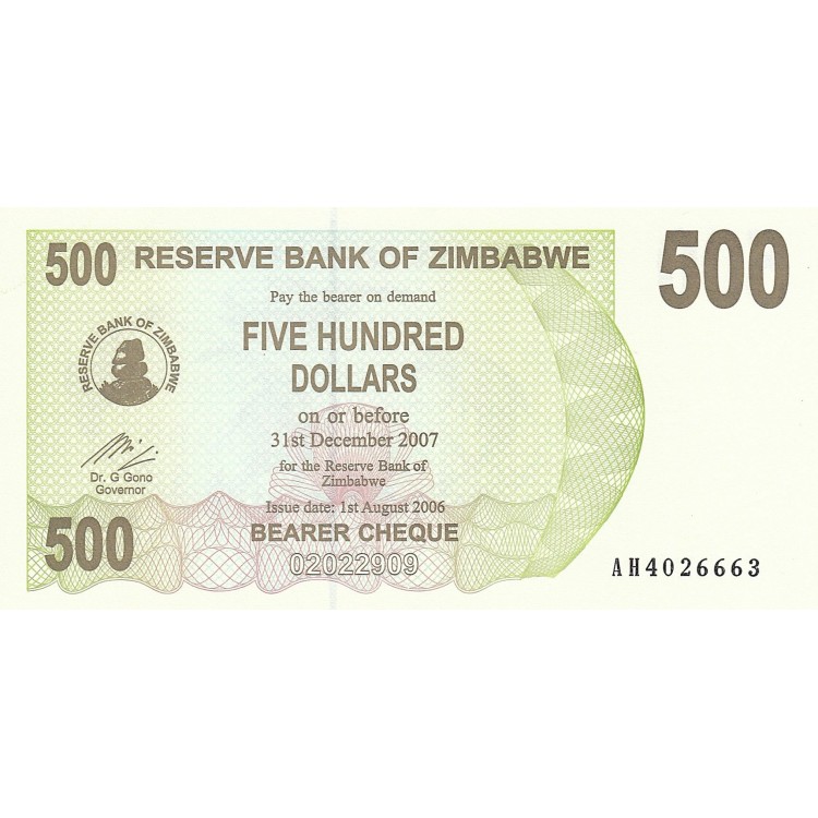Zimbabve 500 Dollars 2006 P#43 ÇİL/UNC Zimbabve 500 Dollars 2006 P#43 ÇİL UNC kağıt para
