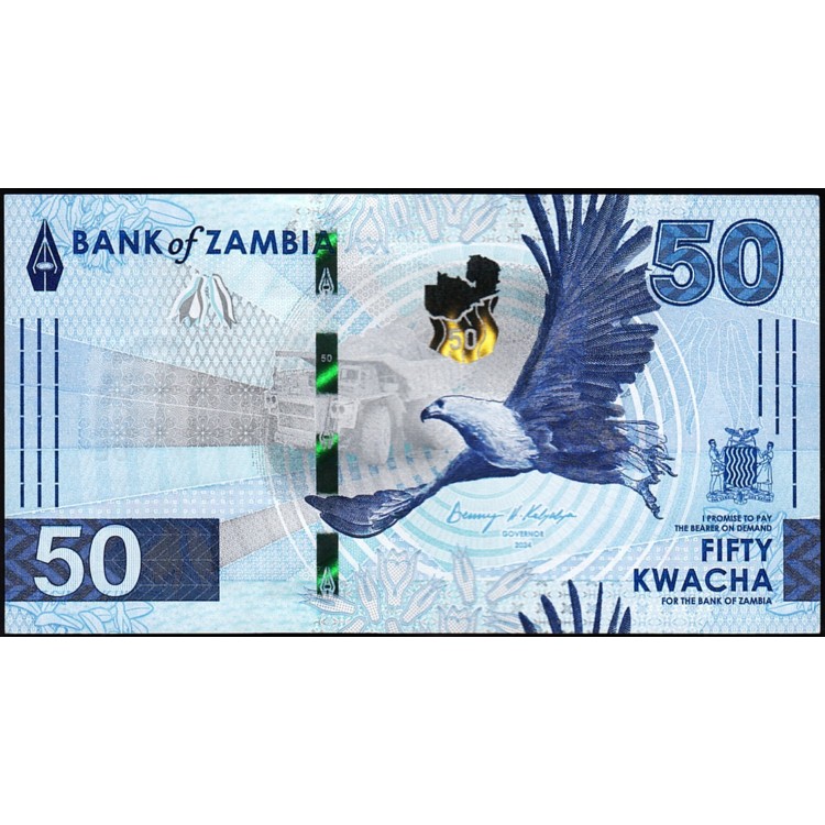 ZAMBİA 50 KWACHA 2024 HYBRİD, P#64, ÇİL, ESKİ YABANCI KAĞIT PARA