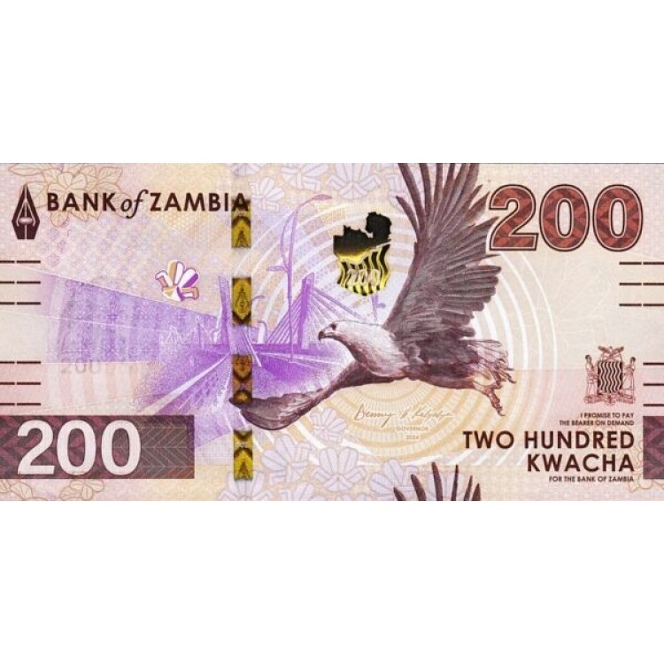 ZAMBİA 200 KWACHA 2024 HYBRİD, P#66, ÇİL, ESKİ YABANCI KAĞIT PARA