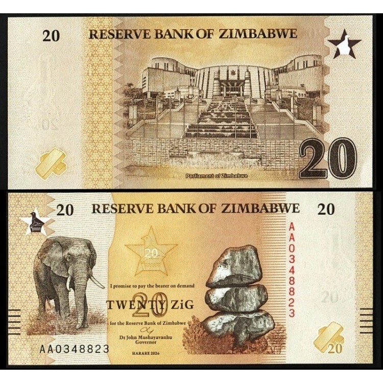 Zimbabwe 20 ZiG 2026 P#116 Banknot Zimbabwe 20 ZiG 2026 P#116 fil tasarımlı ÇİL banknot