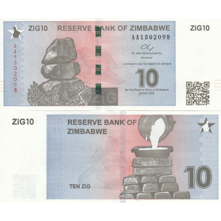 ZİMBABWE 10 ZİG 2024, P#110, ÇİL, ESKİ YABANCI KAĞIT PARA
