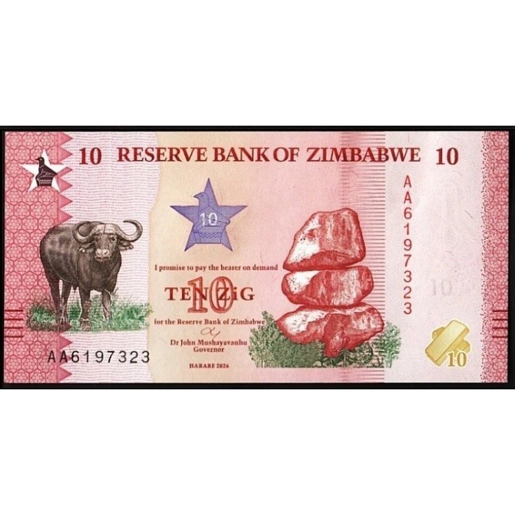 ZİMBABWE 10 ZİG 2026, P#115, ÇİL, ESKİ YABANCI KAĞIT PARA