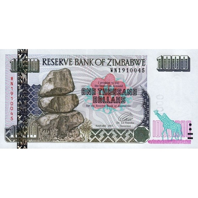 ZİMBABWE 1000  DOLAR 2003, P#12a, ÇİL, ESKİ YABANCI KAĞIT PARA