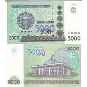 ÖZBEKİSTAN 5000 SOM 2013, P#83, ÇİL, ESKİ YABANCI KAĞIT PARA