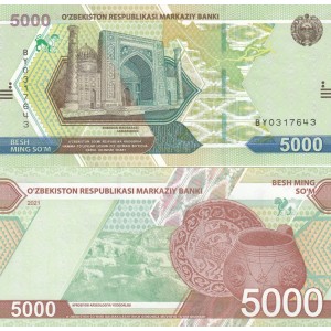 ÖZBEKİSTAN 5000 SOM 2021, P#88, ÇİL, ESKİ YABANCI KAĞIT PARA