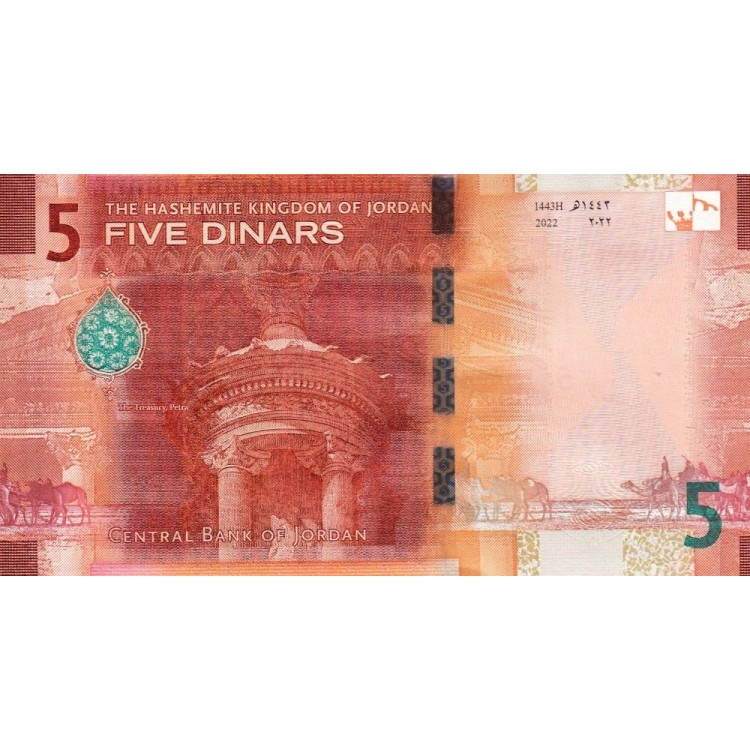 Ürdün 5 Dinar 2022 P#40a ÇİL/UNC Kağıt Para ön ve arka yüz