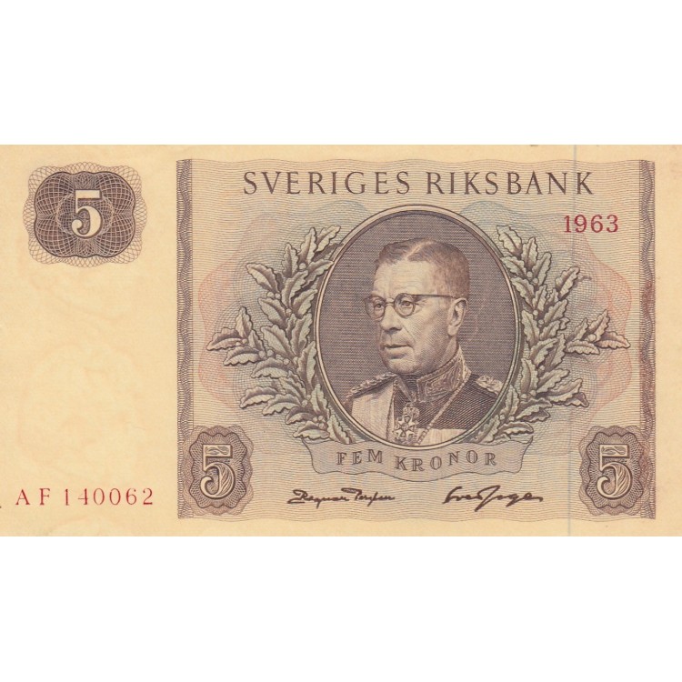 İSVEÇ 5 KRON 1963, P#50b, ÇİL, ESKİ YABANCI KAĞIT PARA