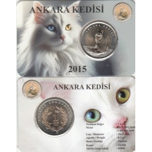 Ankara Kedisi 1 Lira 2015, Darphane Hatıra Bimetal Para, Hayvanlar Serisi, Renkli Kapamasında, Çil