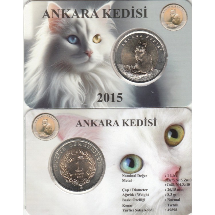 Ankara Kedisi 1 Lira 2015, Darphane Hatıra Bimetal Para, Hayvanlar Serisi, Renkli Kapamasında, Çil