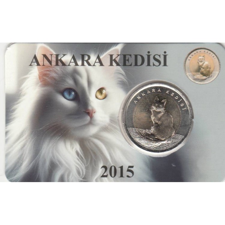 Ankara Kedisi 1 Lira 2015, Darphane Hatıra Bimetal Para, Hayvanlar Serisi, Renkli Kapamasında, Çil
