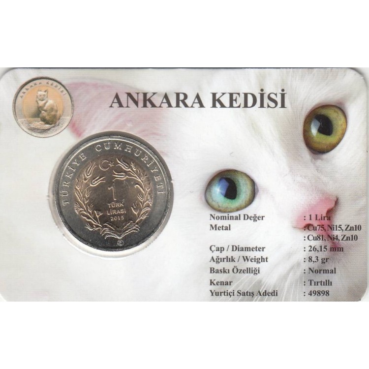 Ankara Kedisi 1 Lira 2015, Darphane Hatıra Bimetal Para, Hayvanlar Serisi, Renkli Kapamasında, Çil