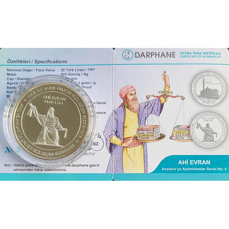 ANADOLU'YU AYDINLATANLAR SERİSİ NO:4, AHİ EVRAN 2019, DARPHANE HATIRA GÜMÜŞ PARA, SERTİFİKALI ANADOLU'YU AYDINLATANLAR SERİSİ NO:4, AHİ EVRAN 2019, DARPHANE HATIRA GÜMÜŞ PARA, SERTİFİKALI