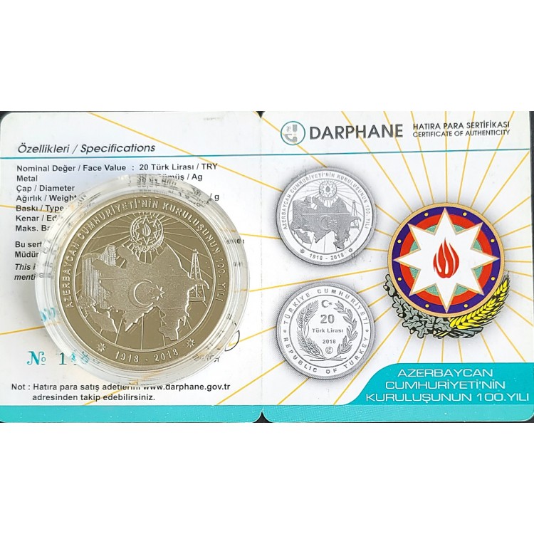 AZERBAYCAN CUMHURİYETİ’NİN KURULUŞUNUN 100. YILI 2018 GÜMÜŞ HATIRA PARASI SERTİFİKALI – 3Alp Koleksiyon Azerbaycan Cumhuriyeti 100 yıl 2018 darphane gümüş hatıra para sertifikalı görseli – 3Alp Koleksiyon