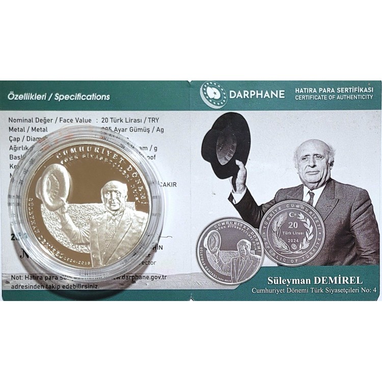 CUMHURİYET DÖNEMİ TÜRK SİYASETÇİLERİ NO:4, SÜLEYMAN DEMİREL 2024,  DARPHANE HATIRA GÜMÜŞ PARA, SERTİFİKALI