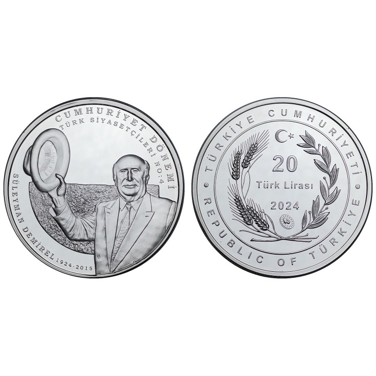 CUMHURİYET DÖNEMİ TÜRK SİYASETÇİLERİ NO:4, SÜLEYMAN DEMİREL 2024,  DARPHANE HATIRA GÜMÜŞ PARA, SERTİFİKALI