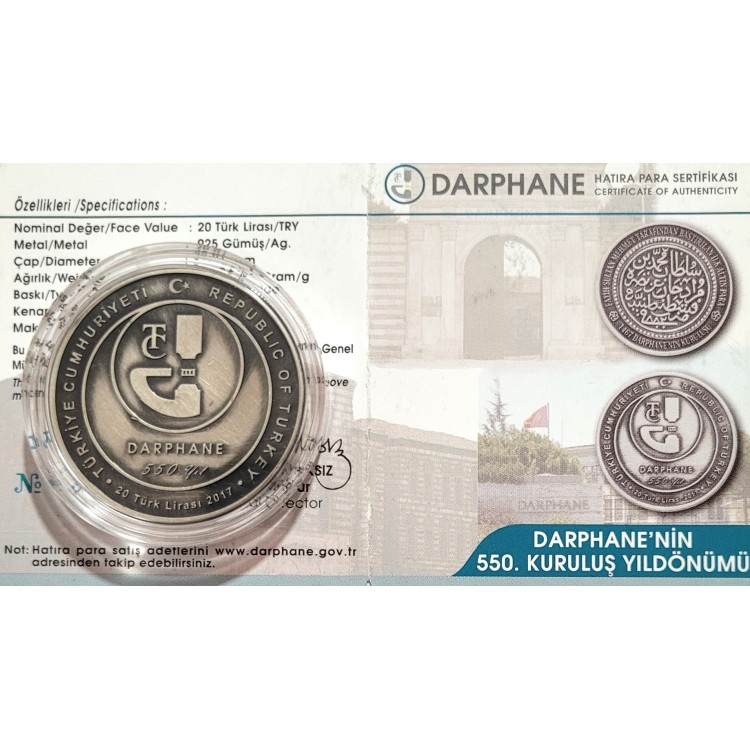 DARPHANENİN 550. KURULUŞ YILDÖNÜMÜ 2017, DARPHANE HATIRA OXİDE GÜMÜŞ PARA .SERTİFİKALI