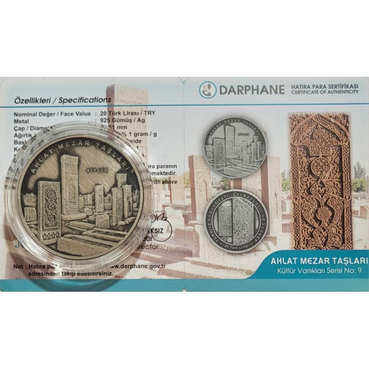 KÜLTÜR VARLIKLARI SERİS NO:9, AHLAT MEZAR TAŞLARI 2016, DARPHANE HATIRA OXİDE GÜMÜŞ PARA, SERTİFİKALI