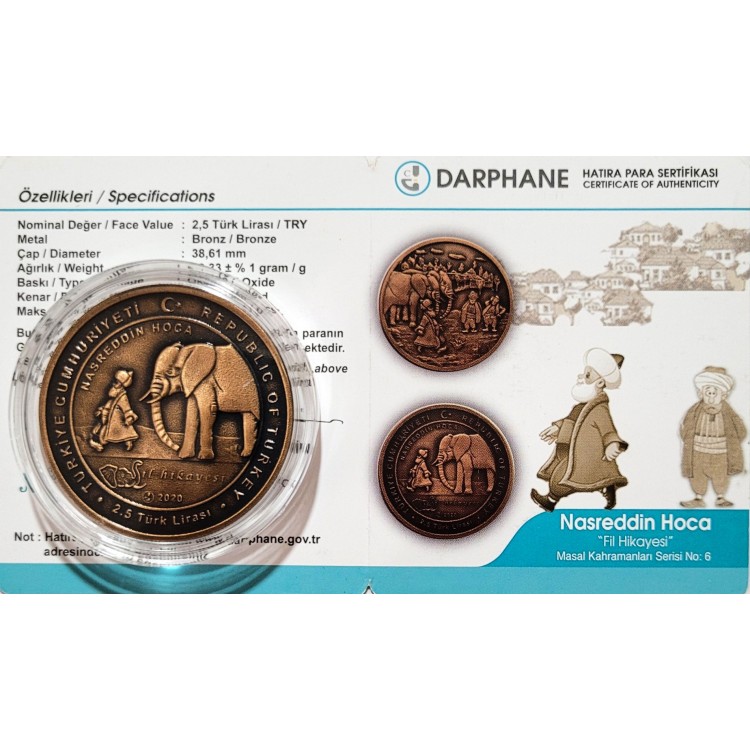 MASAL KAHRAMANLARI SERİSİ NO:6, NASREDDİN HOCA, FİL HİKAYESİ 2020, DARPHANE HATIRA BRONZ PARA, SERTİFİKALI MASAL KAHRAMANLARI SERİSİ NO:6, NASREDDİN HOCA, FİL HİKAYESİ 2020, DARPHANE HATIRA BRONZ PARA, SERTİFİKALI