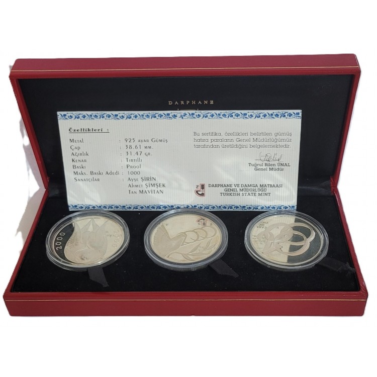 MİLENYUM SET 2000, ÜÇLÜ GÜMÜŞ SET, KARTON KUTU, SERTİFİKALI