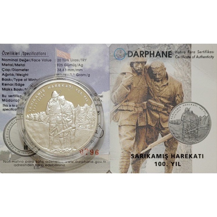 SARIKAMIŞ HAREKATI 100. YIL 2015, DARPHANE HATIRA GÜMÜŞ PARA, SERTİFİKALI SARIKAMIŞ HAREKATI 100. YIL 2015, DARPHANE HATIRA GÜMÜŞ PARA, SERTİFİKALI