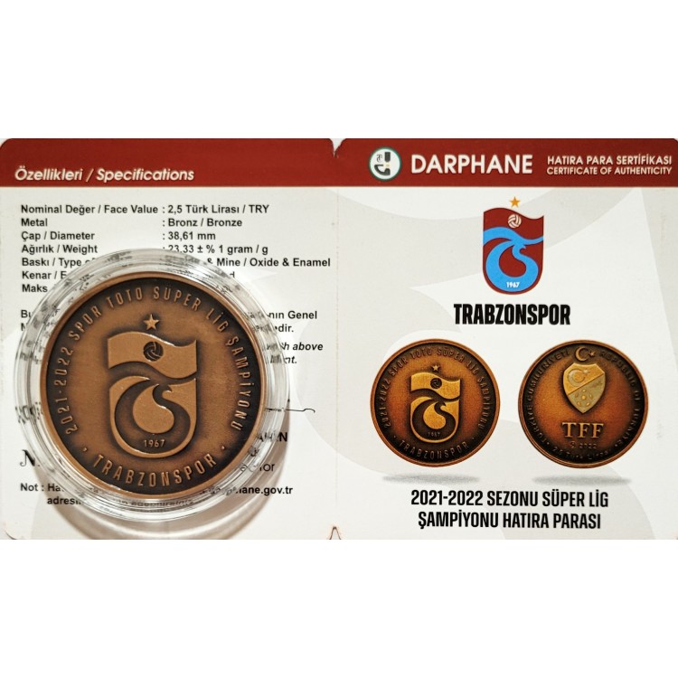 TRABZONSPOR 2021-2022 SEZONU SÜPER LİG ŞAMPİYONU 2022, DARPHANE HATIRA BRONZ PARA, SERTİFİKALI TRABZONSPOR 2021-2022 SEZONU SÜPER LİG ŞAMPİYONU 2022, DARPHANE HATIRA BRONZ PARA, SERTİFİKALI