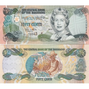 BAHAMA 50 CENT, 1/2 DOLAR, 2001, P#68, KRALİÇE, II. ELİZABETH, ÇİL, ESKİ YABANCI KAĞIT PARA