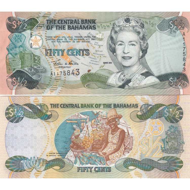 BAHAMA 50 CENT, 1/2 DOLAR, 2001, P#68, KRALİÇE, II. ELİZABETH, ÇİL, ESKİ YABANCI KAĞIT PARA