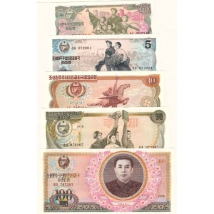 Kuzey Kore 1-5-10-50-100 WON, 1978- 5'Lİ TAM SET, YABANCI ESKİ KAĞIT PARA "ÇİL"