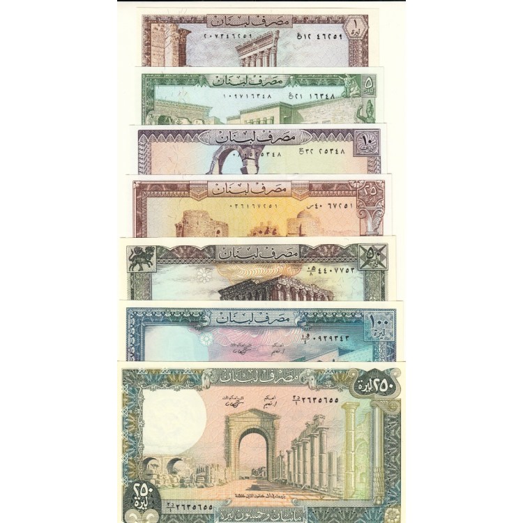 LÜBNAN 1-5-10-25-50-100-250 LİVRE,1980-1988 7'Lİ SET, YABANCI ESKİ KAĞIT PARA "ÇİL"