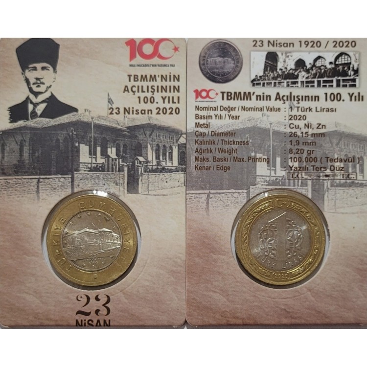 TBMM AÇILIŞI 100.YILI 1 TL, 1 Lira 2020 Tedavül Hatıra Para Ve Kiti "ÇİL"