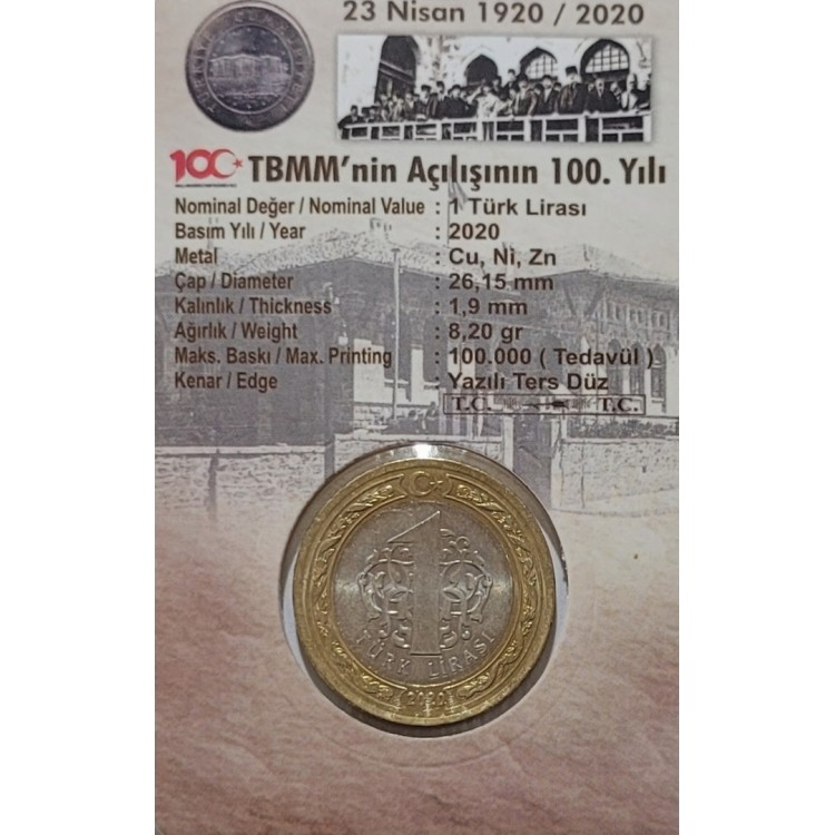 TBMM AÇILIŞI 100.YILI 1 TL, 1 Lira 2020 Tedavül Hatıra Para Ve Kiti "ÇİL"