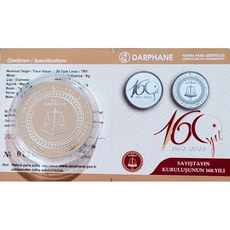 SAYIŞTAY'IN KURULUŞUNUN 160.YILI 2022, DARPHANE HATIRA GÜMÜŞ PARA, SERTİFİKALI SAYIŞTAY'IN KURULUŞUNUN 160.YILI 2022, DARPHANE HATIRA GÜMÜŞ PARA, SERTİFİKALI