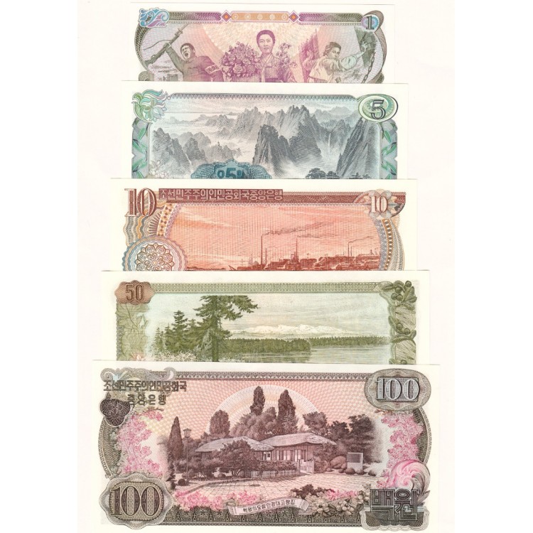 Kuzey Kore 1-5-10-50-100 WON, 1978- 5'Lİ TAM SET, YABANCI ESKİ KAĞIT PARA "ÇİL"