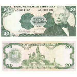 VENEZUELA 20 BOLİVAR 1995, P#63e, ÇİL, ESKİ YABANCI KAĞIT PARA