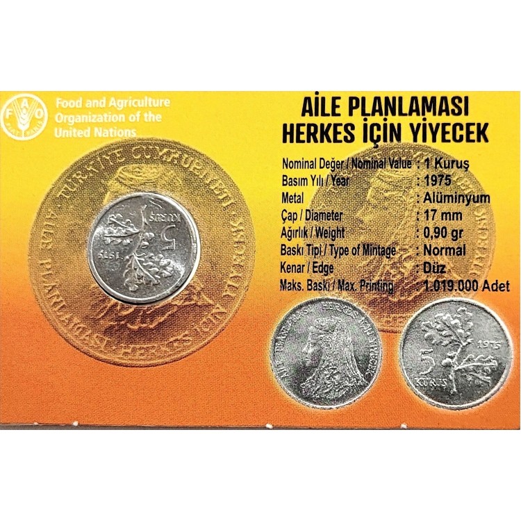 5 KURUŞ 1975, AİLE PLANLAMASI HERKES İÇİN YİYECEK FAO "ÇİL" AÇIKLAMALI KİTLİ 5 KURUŞ 1975, AİLE PLANLAMASI HERKES İÇİN YİYECEK FAO "ÇİL" AÇIKLAMALI KİTLİ