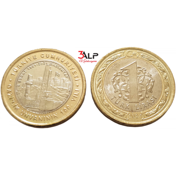 Antep’e Gazilik Ünvanının Verilişinin 100. Yılı 1 Lira 2021 ÇİL / UNC bi metal 1 TL hatıra para görseli – 3Alp Koleksiyon