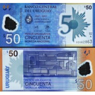 URUGUAY 50 PESO 2017 POLYMER, MERKEZ BANKASI'NIN 50.YIL DÖNÜMÜ HATIRASI, P#155, ÇİL, ESKİ YABANCI KAĞIT PARA