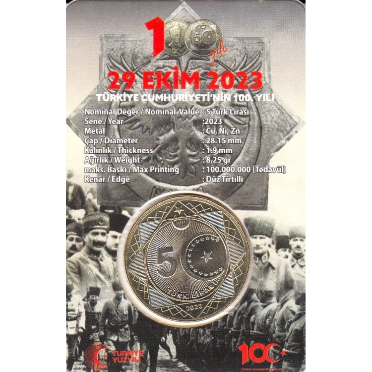 Cumhuriyet’in 100. Yılı 5 Lira 2023 tedavül hatıra para ve kiti