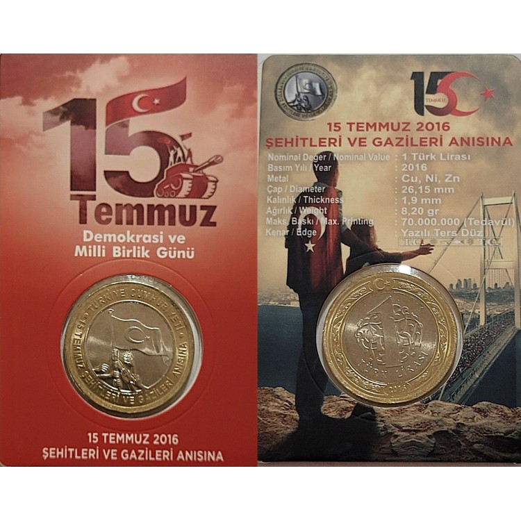 15 Temmuz 2016 Demokrasi ve Millî Birlik Günü 1 Lira hatıra para ve kiti