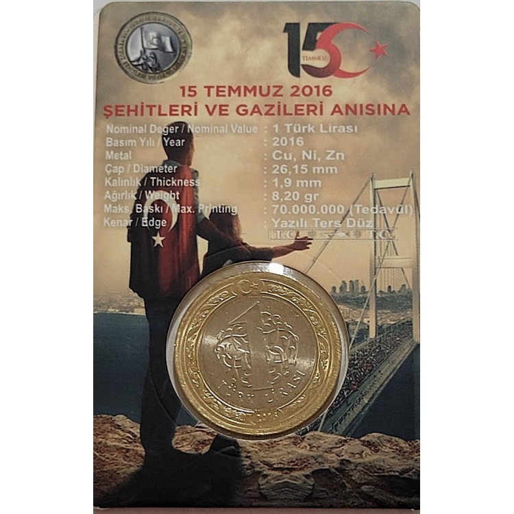 15 Temmuz 2016 Demokrasi ve Millî Birlik Günü 1 Lira hatıra para ve kiti