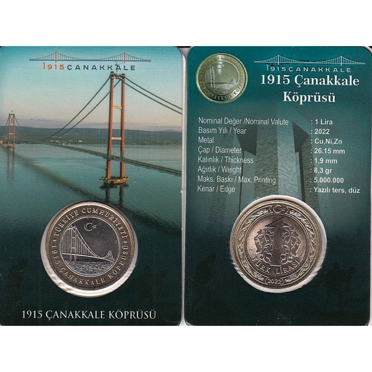 1915 Çanakkale Köprüsü 1 Lira 2022 hatıra para ve kiti