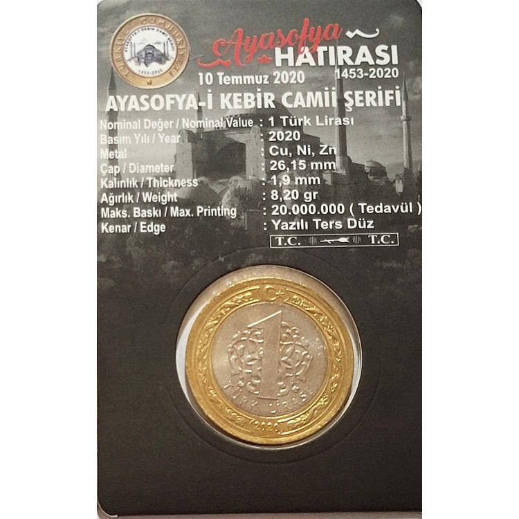 Ayasofya-i Kebir Camii Şerifi 1 Lira 2020 Açıklamalı Kitli Ayasofya 1 TL 2020 hatıra parası 3Alp açıklamalı özel kitinde
