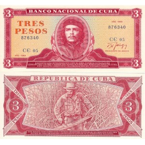 Küba 3 Pesos 1989 P#107b ÇİL/UNC Kağıt Para