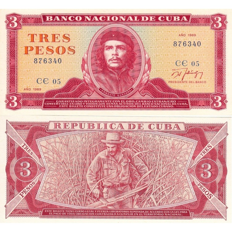 Küba 3 Pesos 1989 P#107b Kağıt Para