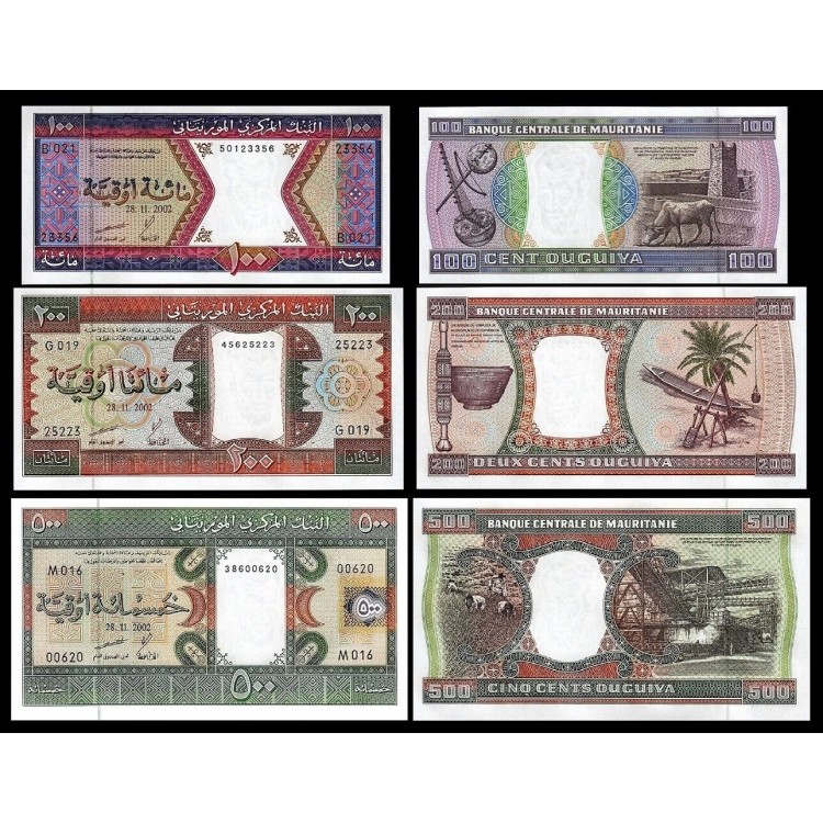 MORİTANYA 100-200-500 OUGUIYA 2002, 3 Lü Set Çil, Eski Yabancı Kağıt Para
